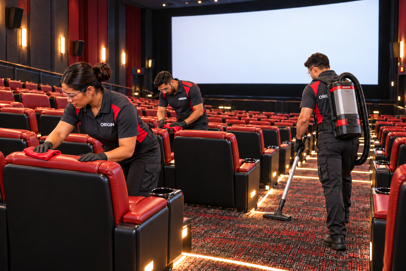 Illustrative Origin crew cleaning cinema seats with a backpack vacuum
