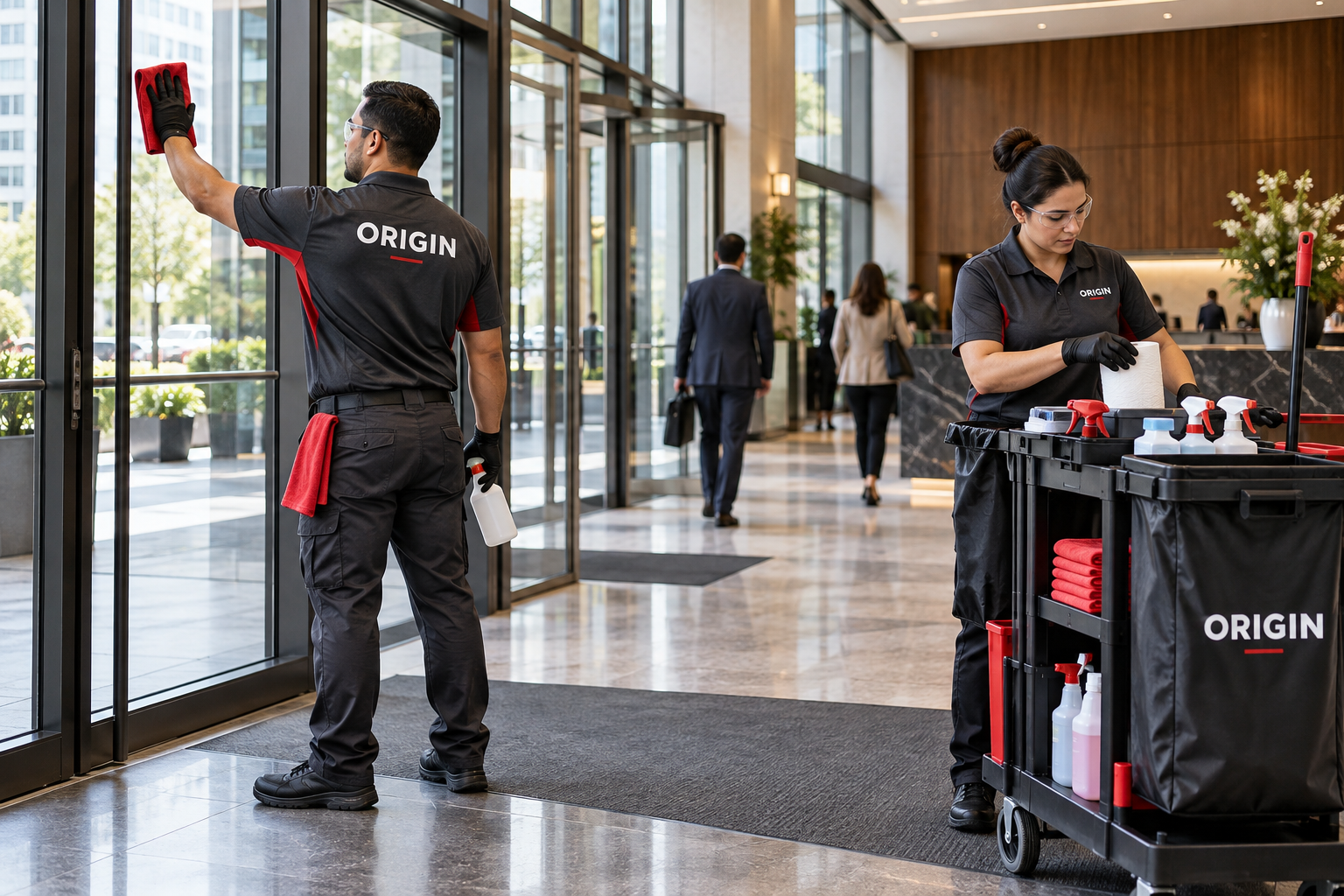 Illustrative Origin-branded crew performing day porter services