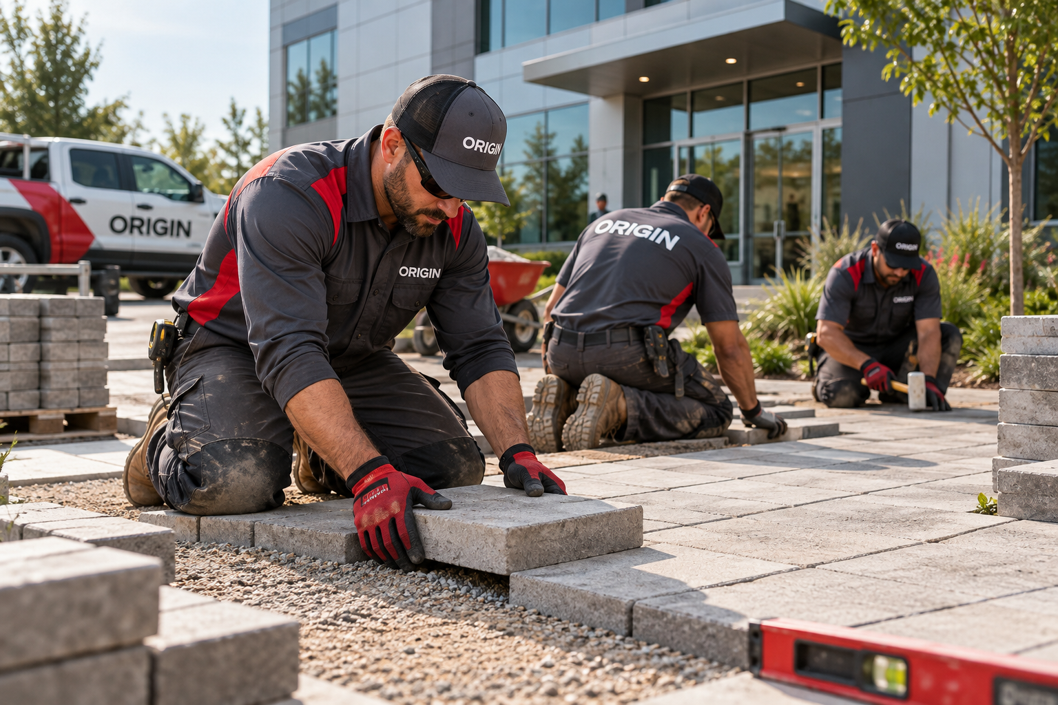 Illustrative Origin-branded crew performing hardscaping
