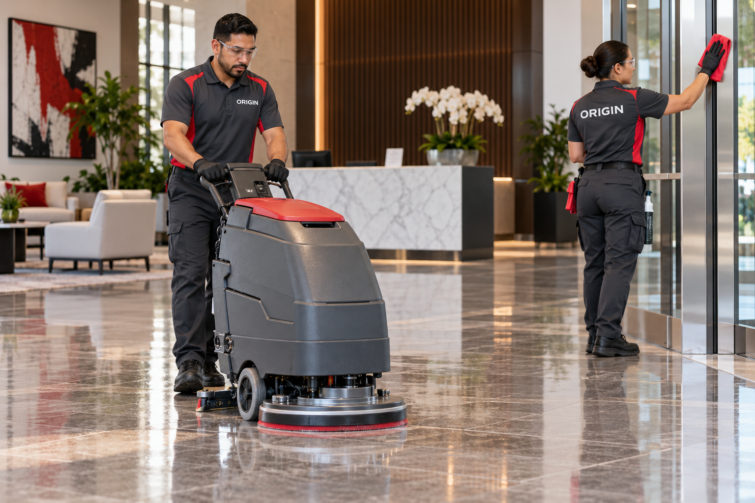 Illustrative Origin-branded crew performing janitorial & deep cleaning