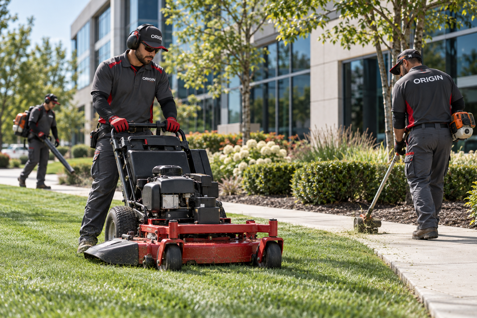 Illustrative Origin-branded crew performing landscaping & grounds care