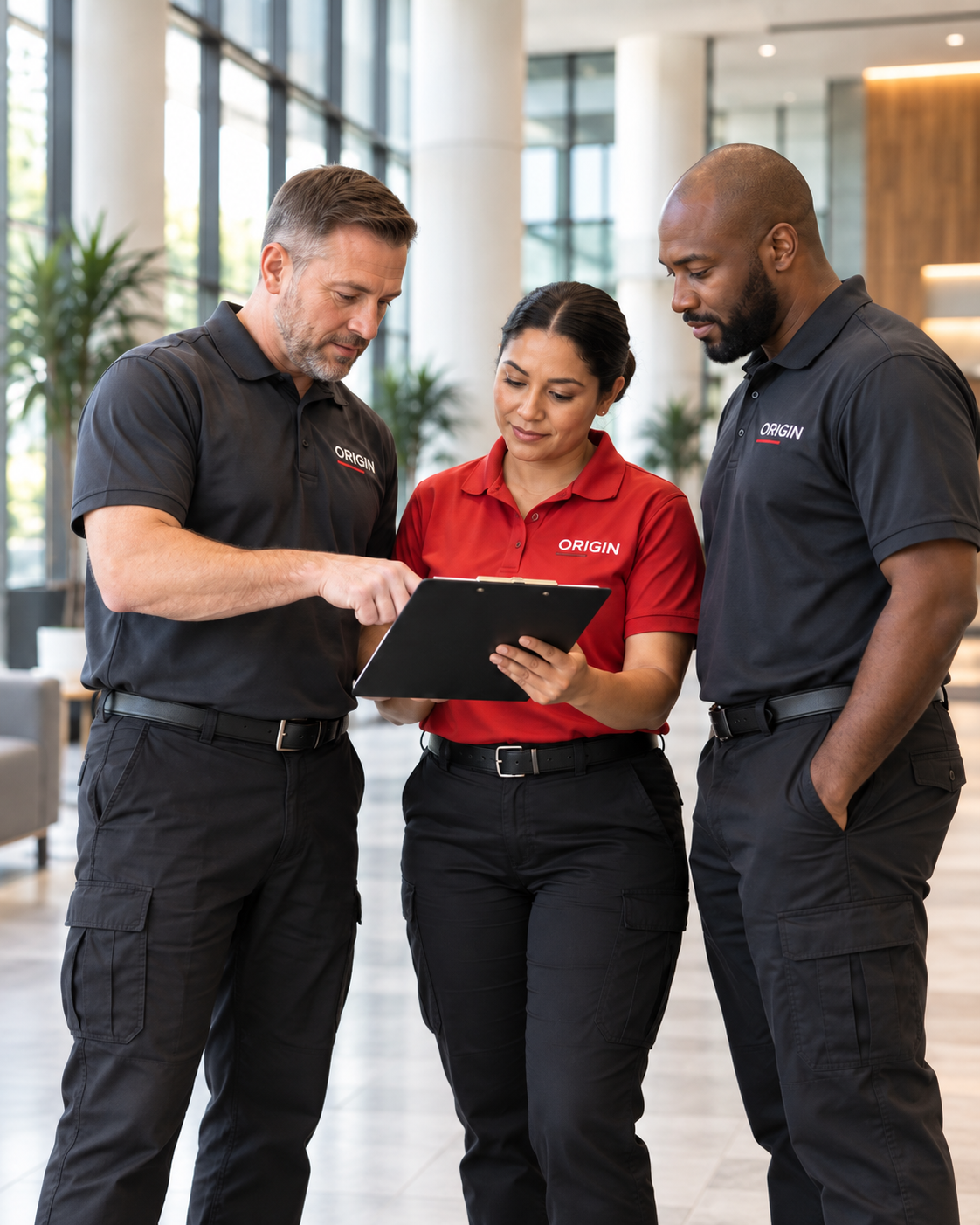 Illustrative Origin operations team reviewing a facility inspection checklist