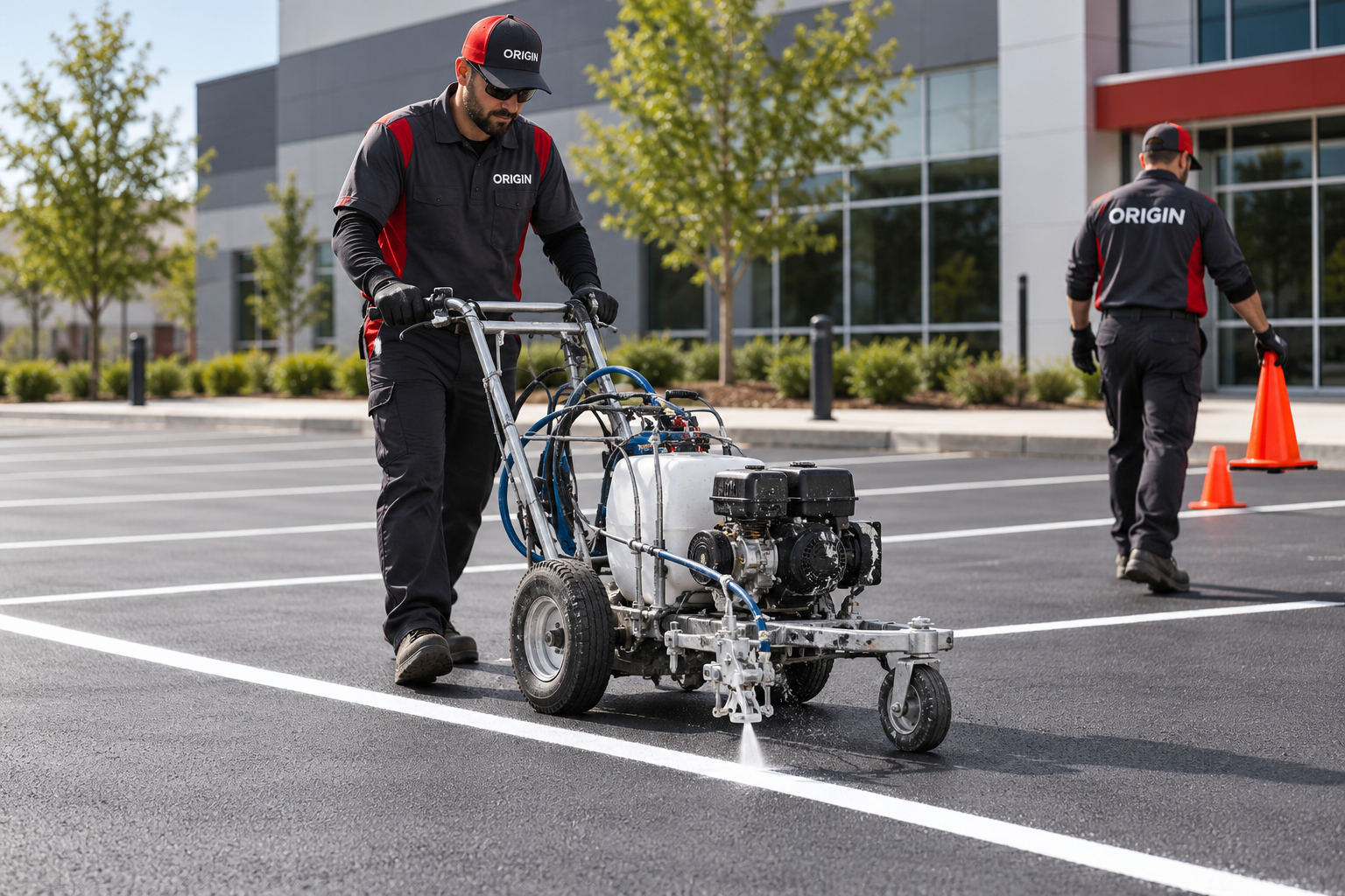 Illustrative Origin-branded crew performing parking lot maintenance
