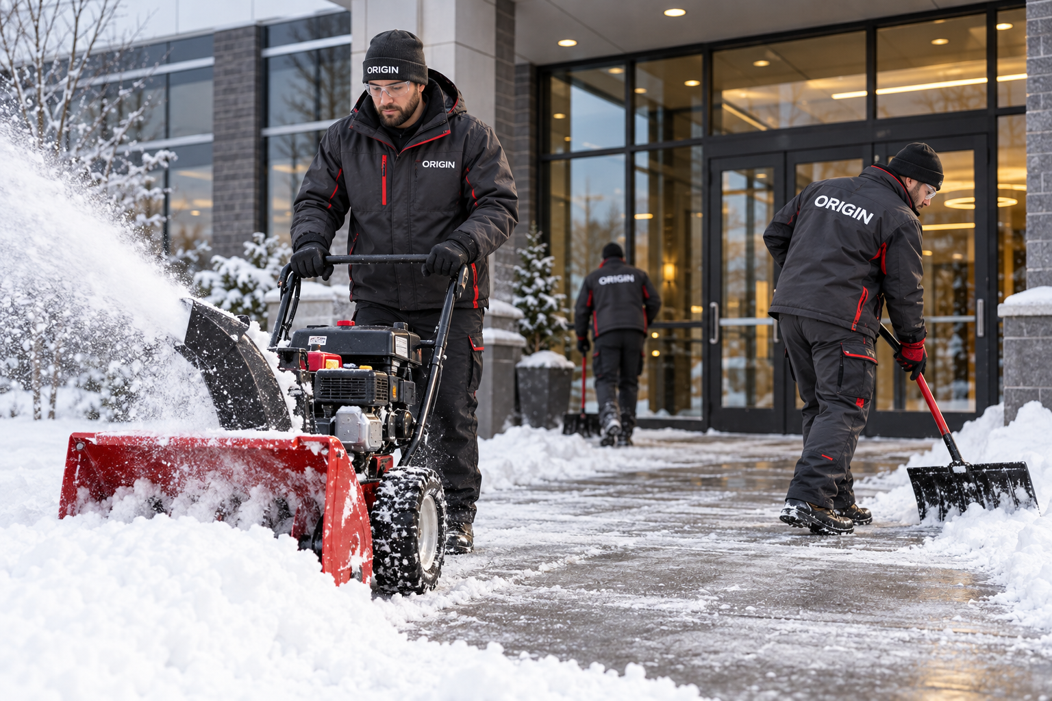 Illustrative Origin-branded crew performing snow & seasonal services
