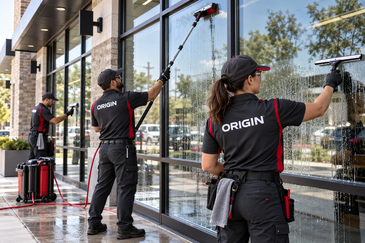Illustrative Origin-branded crew performing window cleaning